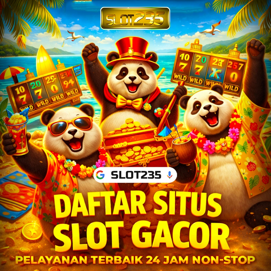Poster SLOT235 dengan panda ceria dan pemandangan pantai