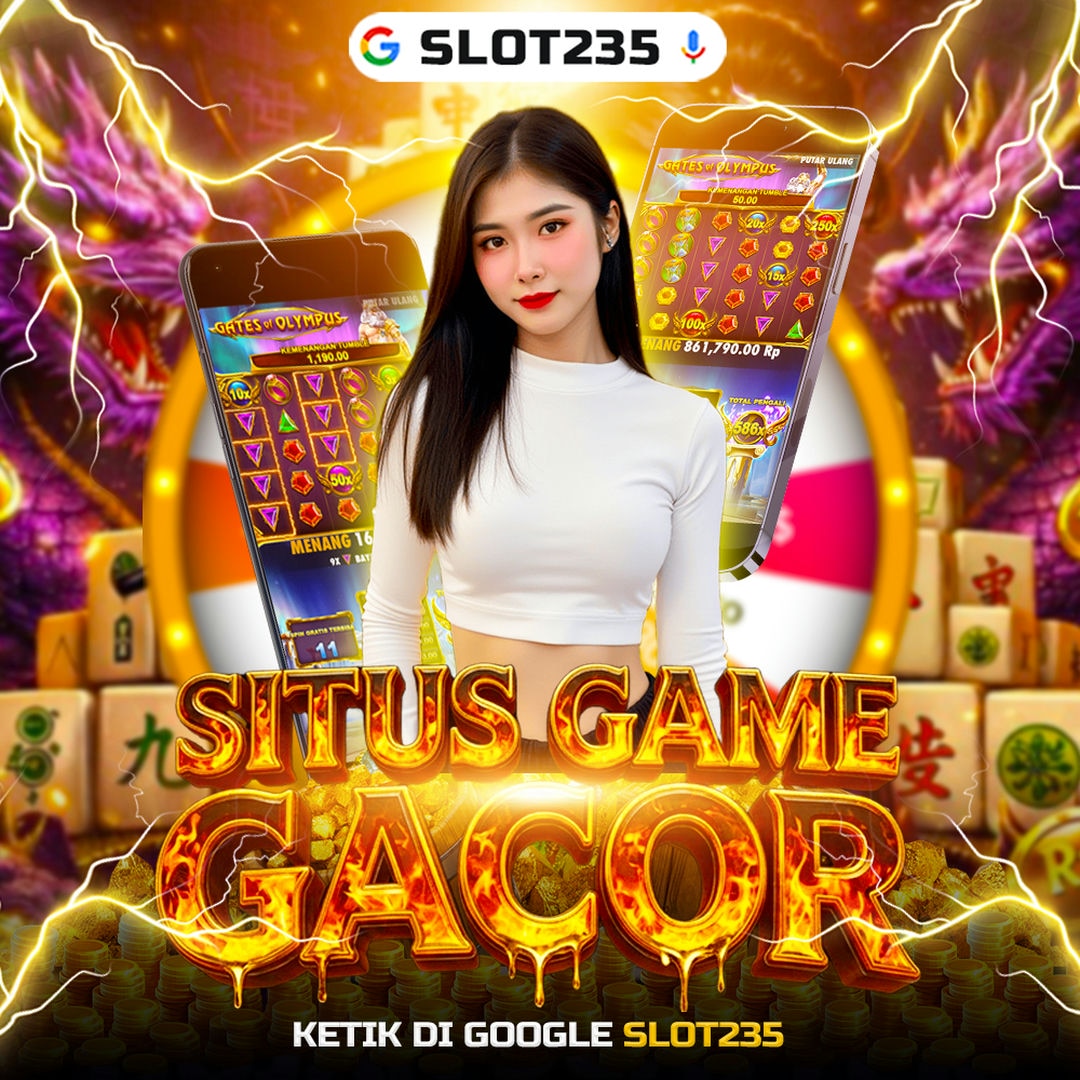 Poster SLOT235 dengan figur berbaju putih dan tampilan permainan